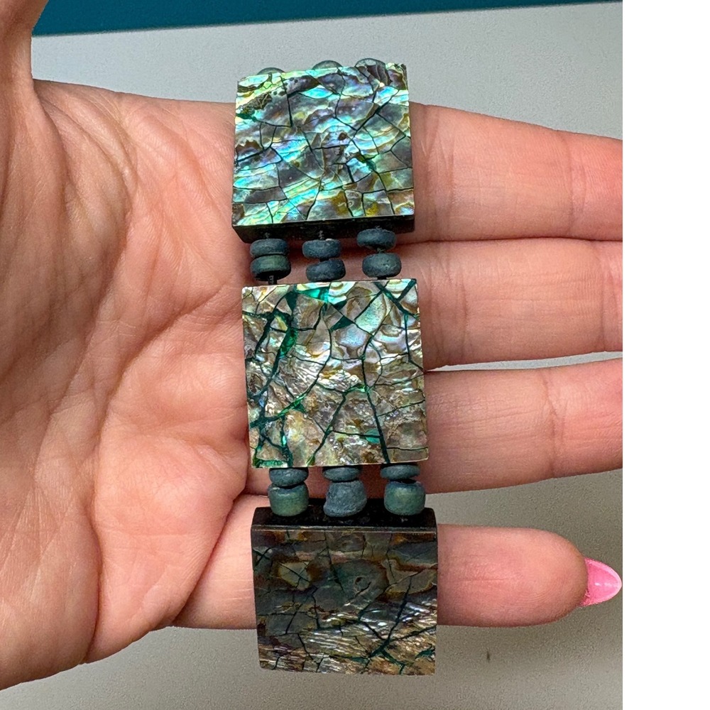 Abalone Shell Mosaic Stretch‎ Bracelet Iridescent Square Tile Boho